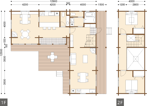 総2階建て Ie 44平屋と総2階建てをl型に繋いだ個性派モデル ログハウスのtalo